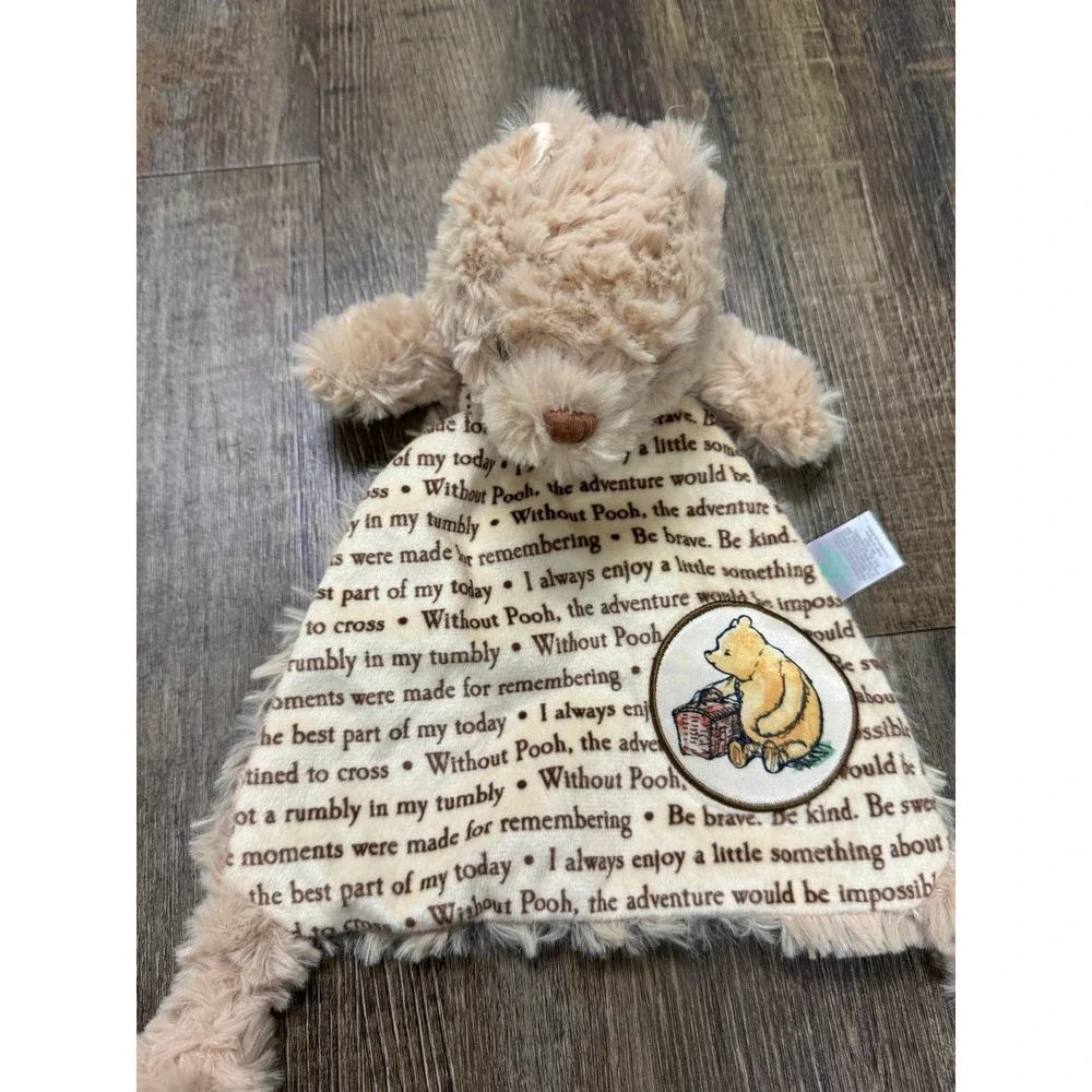 Disney Winnie the Pooh Baby Security Blanket Lovey Tan Script Quotes Plush Bear‎